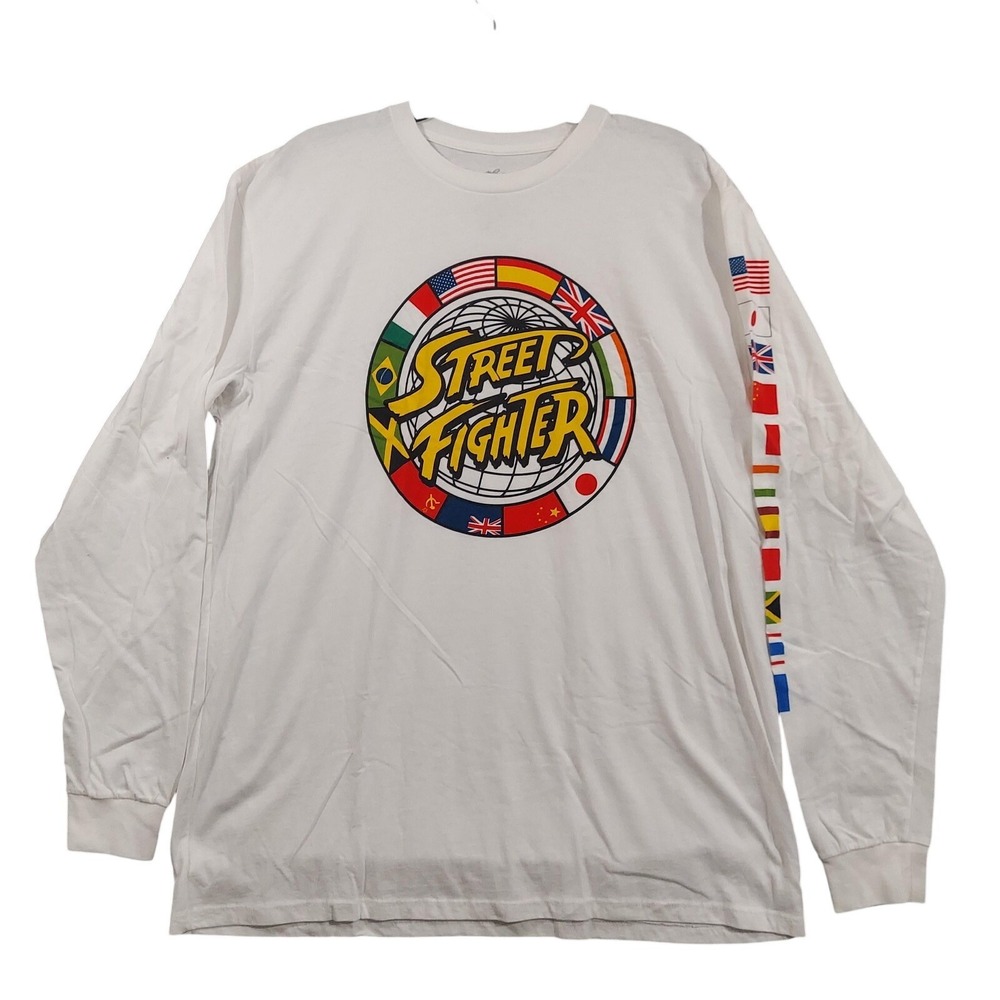 Street Fighter Shirt Mens XL White Long Sleeve Flags Graphic Gamer Capcom Retro